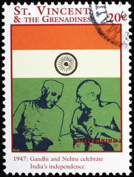 Gandhi and Nehru celebrate India's independence on postage stamp