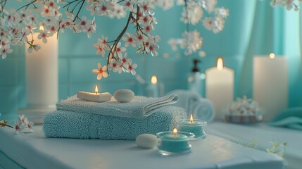 Obraz na płótnie Canvas A bathroom with candles and flowers by the mirror, in the style of light cyan, photorealistic detail, blurred, dreamlike atmosphere