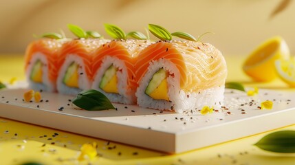 A sushi roll with salmon, avocado and cucumber on a white plate, AI