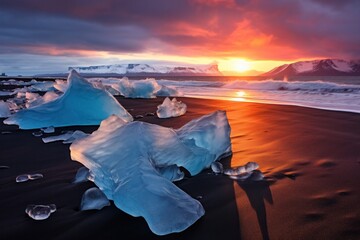 Icebergs on black sand beach with sunrise covered with snow