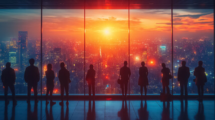Rear View Silhouette of People Group in Front of a Towering Window, Observing the Downtown Sunset - obrazy, fototapety, plakaty