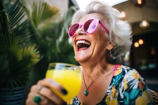 A senior female tourist in a bikini laughs brightly while drinking a drink by the poolside.