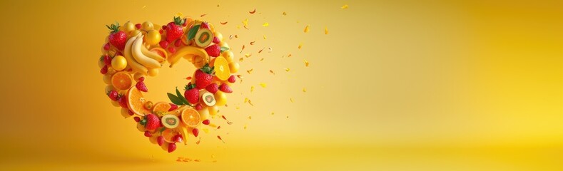 banner, flying Vegetables and fruits in the shape of a heart on yellow background. Concept of healthy eating, vegetarianism, health care, health day, with copy space
