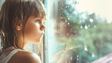 A young girl gazes out a wet window, lost in thought as a gentle light illuminates her face, highlighting a moment of innocent wonder.