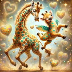 Whimsical Giraffes Dancing in Starry Heart Sky
