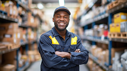 Handsome and Happy Professional Worker Wearing Safety Vest and Hard Hat Smiling with Crossed Arms on Camera. In the Background Big Warehouse with Shelves full of Delivery Goods. AI Generative
