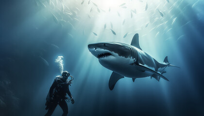 A diver and a large shark met underwater