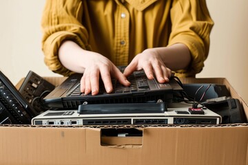 Woman hands put old laptop computer in cardboard box full used computers and gadget devices for recycling. Planned obsolescence, e-waste, donation, electronic waste for reuse and recycle,Generative AI