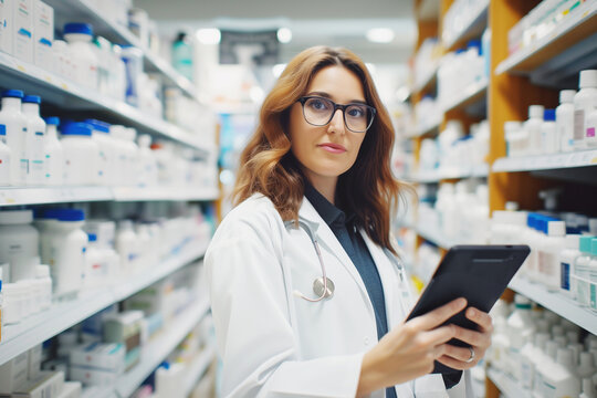 Female pharmacist using digital tablet in a modern pharmacy. AI Generative