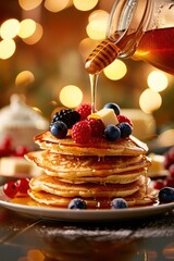 photograph of Pouring honey on a stack of fluffy breakfast pancakes with berries and butter telephoto lens realistic lighting --ar 2:3 --v 6 Job ID: 77c26da3-2afc-45f9-af7a-5490f4d55927