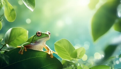 A green frog sits on a branch