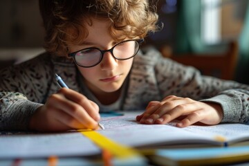 Naklejka na ściany i meble Kid affected by dyslexia doing homework, writing, reading notebook task using colorful overlay strip. Education, learning disability, reading difficulties, Generative AI