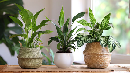 Three healthy indoor plants, each in unique woven baskets, add a touch of greenery and natural texture to a bright home setting.