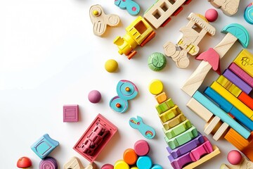 Baby kids toys background. Top view to wooden toy train, wood stacking pyramid tower and colorful wood bricks on white background. Early education, zero waste, Montessori toys. Generative AI - obrazy, fototapety, plakaty