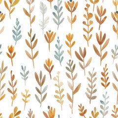 Warm tones of orangeade and neutrals create a captivating seamless pattern, reminiscent of a sunlit desert teeming with flora.