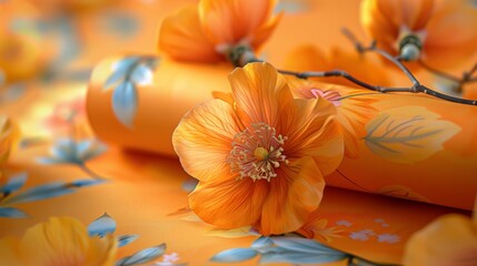 A close up of a flower on an orange background with some leaves, AI