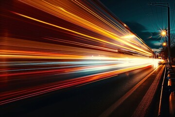 Cars lights on the road at night time. Timelapse, hyperlapse of transportation. Motion blur, light trails, abstract soft glowing lines, Generative AI