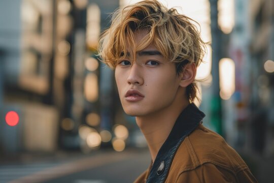 handsome Asian male model with blond hair looking at camera in city street