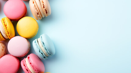Banner with multi-colored sweets on a blue background with free space Ideas for placing products against beautiful backgrounds