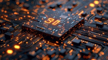 A close up of a computer chip with the time displayed on it, AI