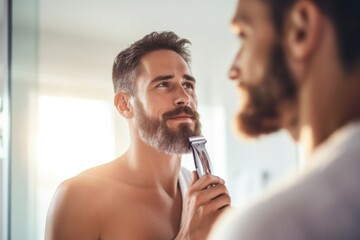 A man grooms a man's beard and shaves it with a hair clipper while looking at his reflection in the mirror during his daily routine in a small bathroom at home.