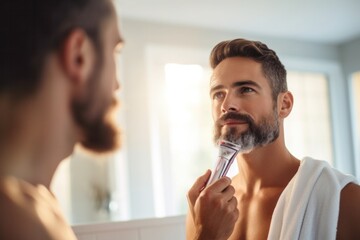 A man grooms a man's beard and shaves it with a hair clipper while looking at his reflection in the mirror during his daily routine in a small bathroom at home.