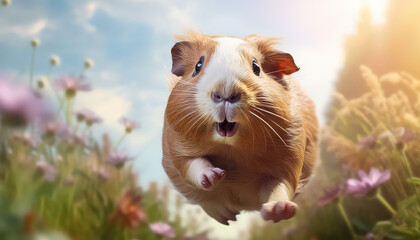 Guinea pig running on meadow on summer day happy