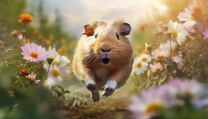 Guinea pig running on meadow on summer day happy