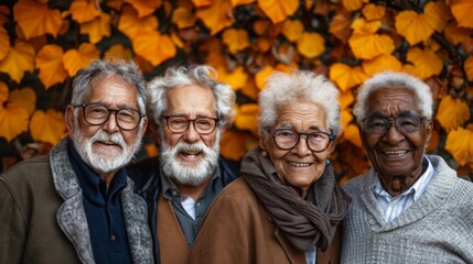 A group of elderly men standing next to each other in front of a wall covered with leaves, AI