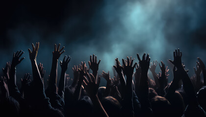 Hands crowd of people pulling up at concert - obrazy, fototapety, plakaty