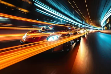 Foto auf Acrylglas Modern futuristic car in movement. Cars lights on the road at night time. Timelapse, hyperlapse of transportation. Motion blur, light trails, abstract, Generative AI © Colorful Graphics