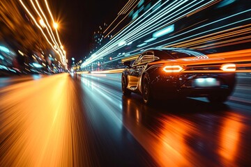 Modern futuristic car in movement. Cars lights on the road at night time. Timelapse, hyperlapse of...
