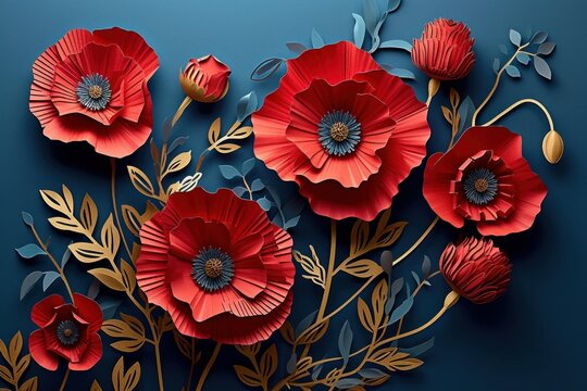 Red poppies on blue background. Remembrance Day, Armistice Day, Anzac day symbol. Paper cut art style, Generative AI