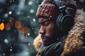 Young African American man in headphones looking down listening to sad, melancholic music in winter...