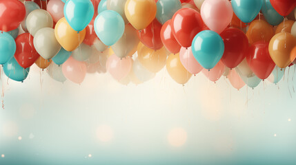 blue and orange metallic balloons with ribbons and sparkles on a blue background - obrazy, fototapety, plakaty