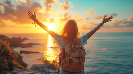 woman with backpack with raised arms relaxing at sunset while traveling, traveler enjoying freedom among serene natural landscape