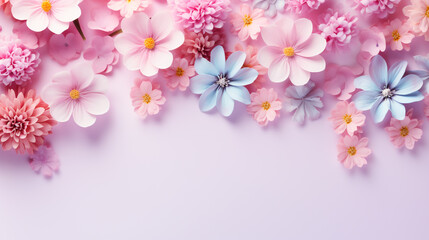 Background banner decorated with various colored flowers, pastel background with free space Ideas for placing products against beautiful backgrounds
