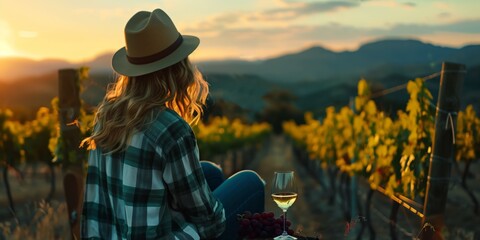 Woman enjoying sunset in a vineyard with a glass of wine - obrazy, fototapety, plakaty
