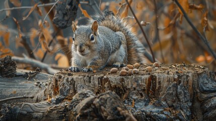 A squirrel sitting on a tree stump with nuts in its mouth, AI