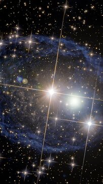 Celestial brilliance: star cluster and nebula in space, lgiht flare. vertical video animation based on image by Nasa