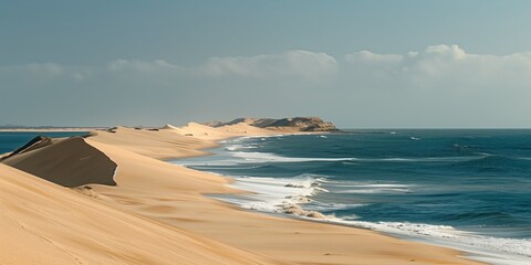 Serene coastal desert landscape with vast sand dunes and sea