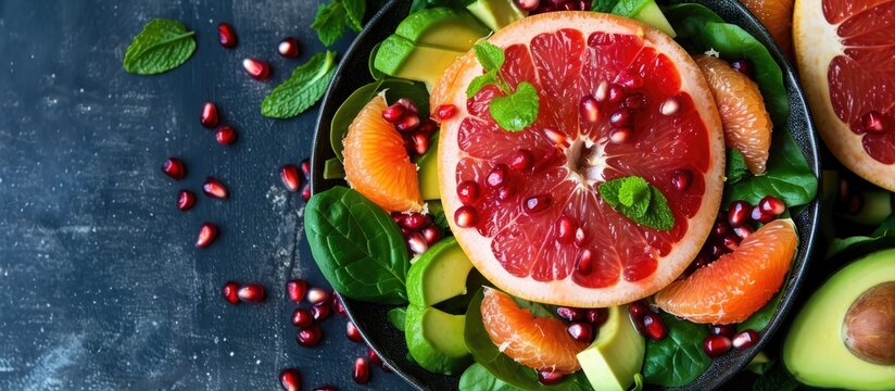 Fresh, Elevated View Of Grapefruit, Avocado, And Pomegranate Salad.