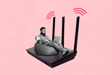 Full length body size creative collage of serious busy freelancer man pass deadlines online work fast 5g wifi router isolated on pink color background
