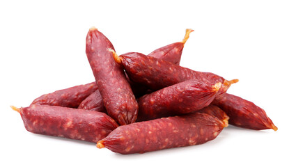 Pile of smoked sausages close-up on a white background. Isolated