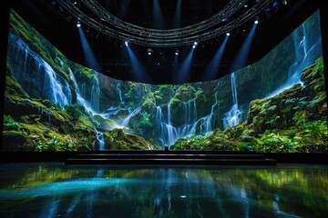 Earth day concept showing in hall on large screen with a waterfall on it, projection mapping, beautiful environment, giant led screens, avatar landscape.  - obrazy, fototapety, plakaty