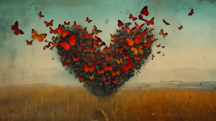Papier Peint photo Papillons en grunge Valentine's Day multicolour heart white and butterflies - generative ai