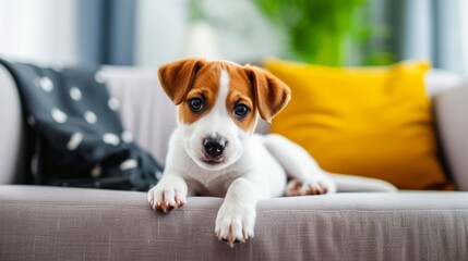 A cute purebred puppy lies on a comfortable sofa in a modern, bright living room.