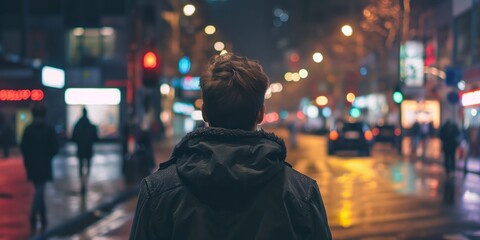 Man walking alone on a vibrant city street at night - obrazy, fototapety, plakaty