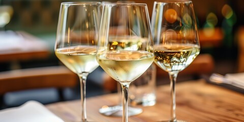 Elegant white wine glasses on a restaurant table