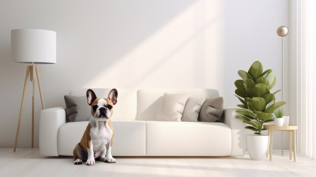 Cute bulldog lies on a comfortable sofa in a modern bright living room.